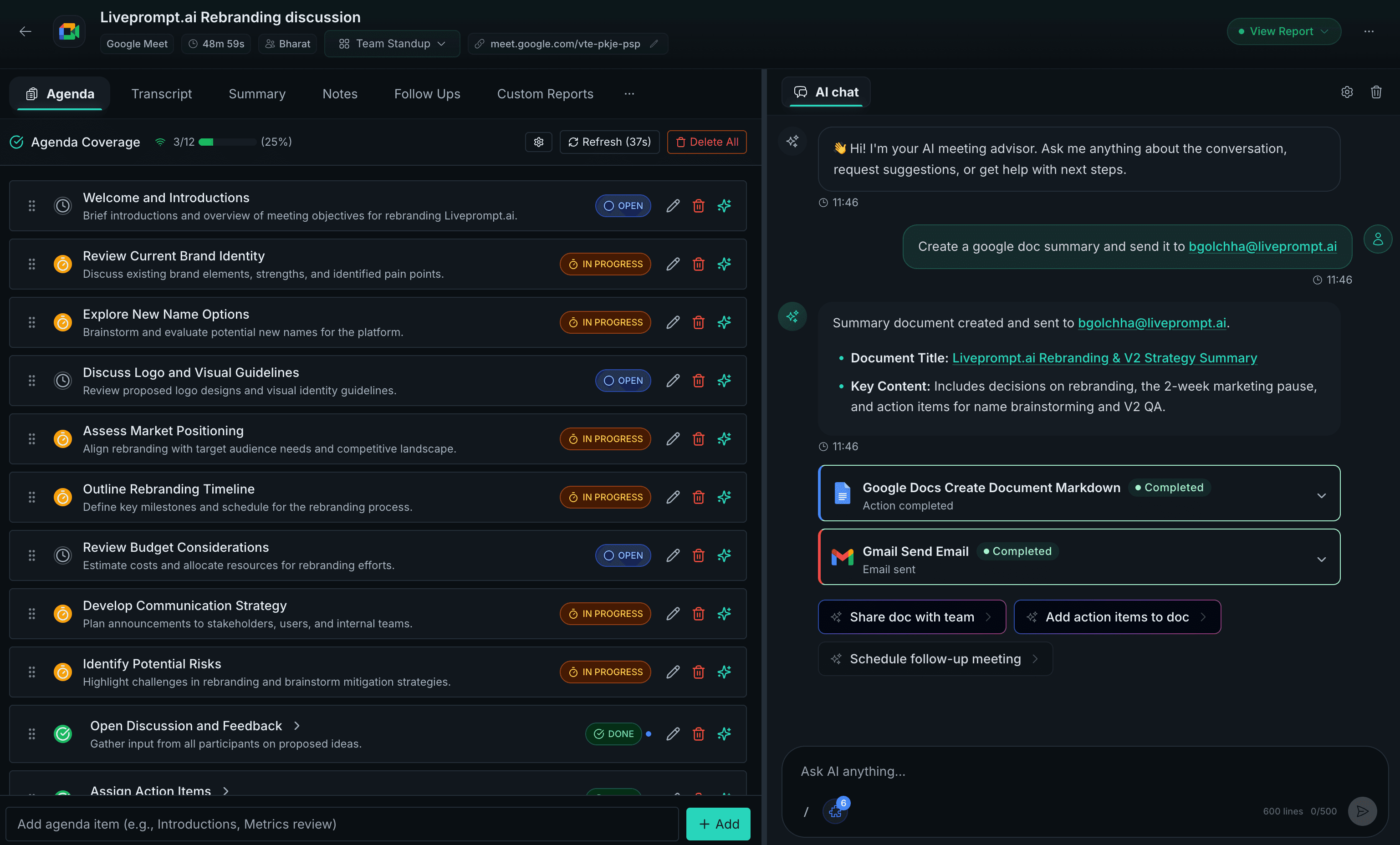 liveprompt.ai Dashboard - Real-time meeting intelligence